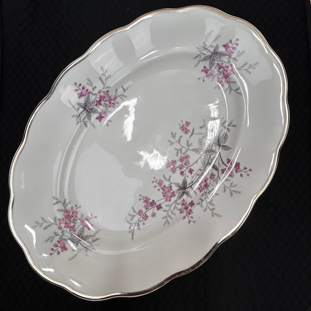 Karolina Poland Oval 13" Serving Platter Pink‎ Floral Scalloped Gold Trim 3879